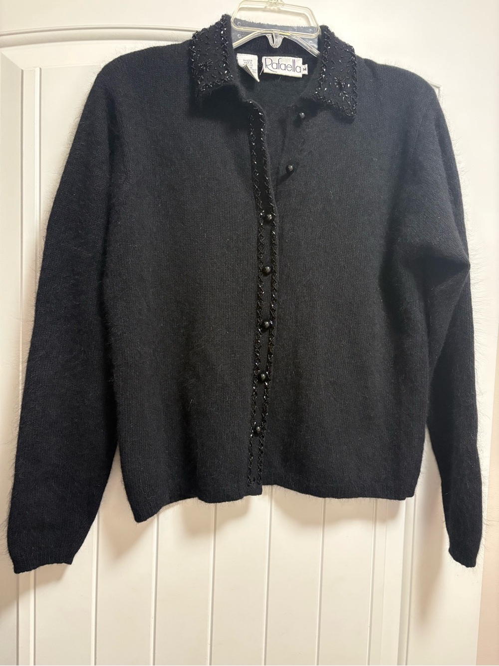 Rafaella Black Beaded-Trim Knit Button-Up Cardigan